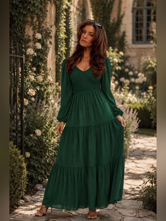 ANDREE BY UNIT Dresses & Skirts - Emerald Estate Smocked Tiered Maxi Dress Long Sleeve V Neck Hunter Green